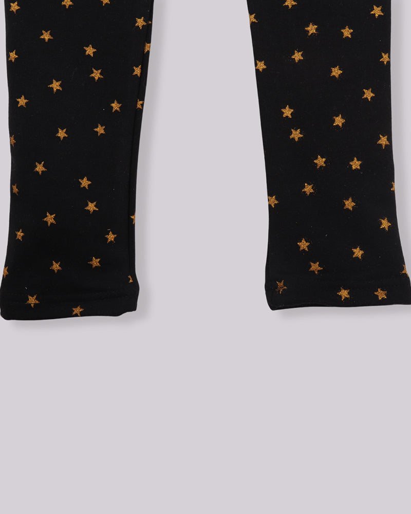 Kids Girls Black Glitter Printed Lycra Denim Fleece Leggings