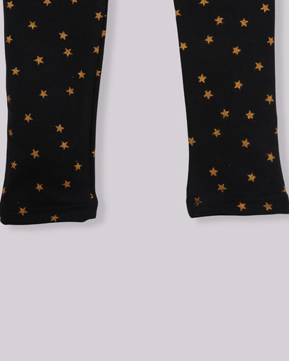 Kids Girls Black Glitter Printed Lycra Denim Fleece Leggings