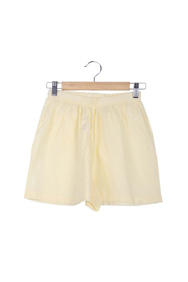 Womens Yellow Woven Cotton Self Design Shorts