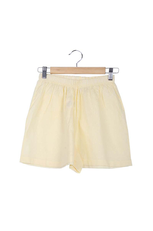 Womens Yellow Woven Cotton Self Design Shorts