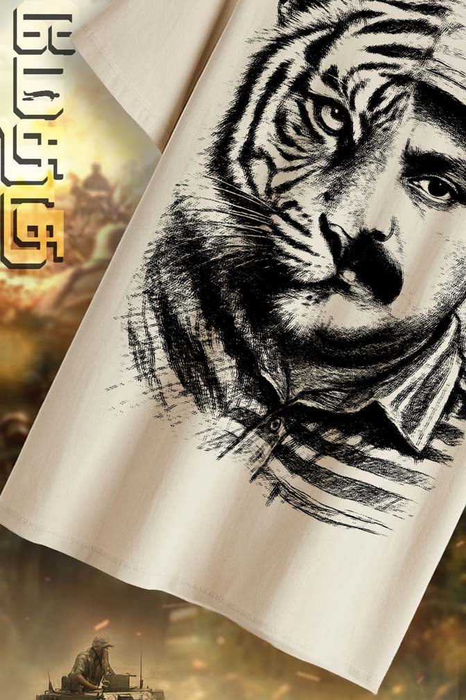 Half Prabhakaran Half Tiger Theme Regular Fit Men tshirt- Beige
