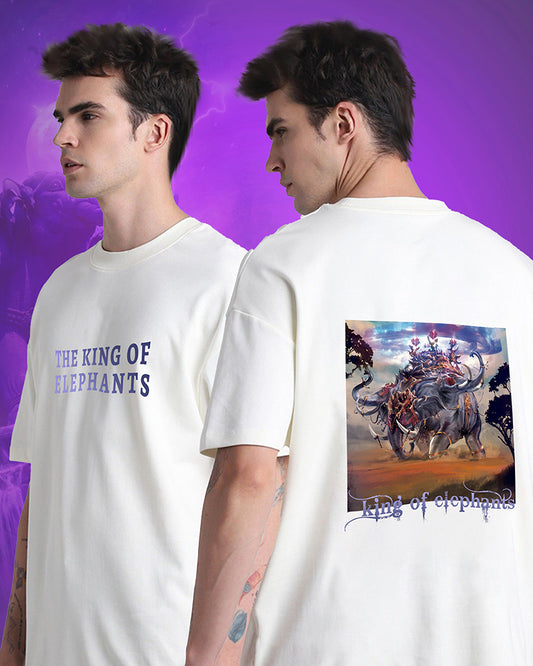 J&JP Men Airavath The King of elephants Tamil Tshirt Oversized - White