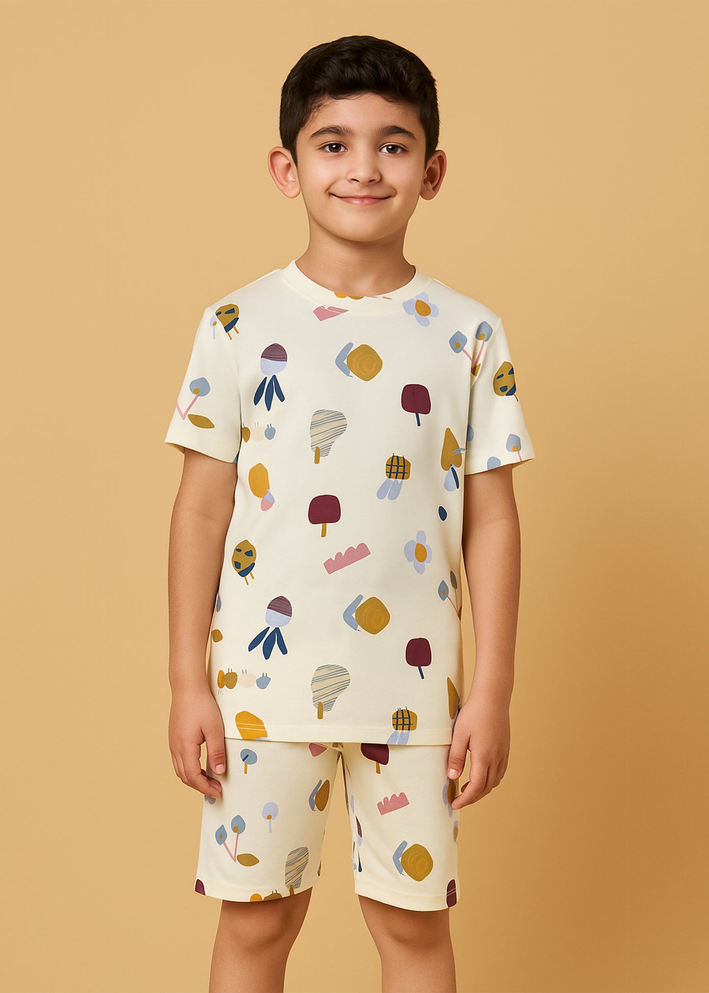 J&JP Kids Fruits Printed T-Shirt & shorts Set- Peach