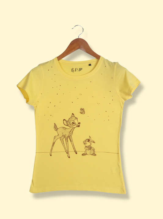 Women Yellow Half sleeve Graphic Print Cotton T-Shirt