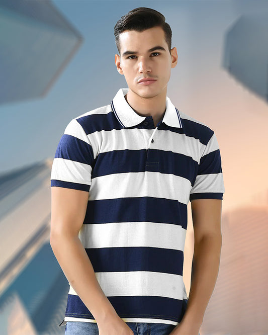 Men white Yarn Dyed Striped Pique Polo Tshirt