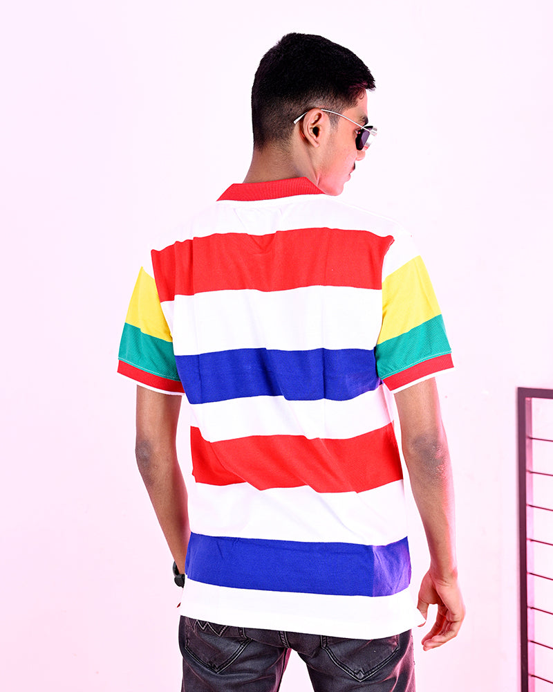 Men Striped Polo Neck Cotton Blend Multi color T-Shirt