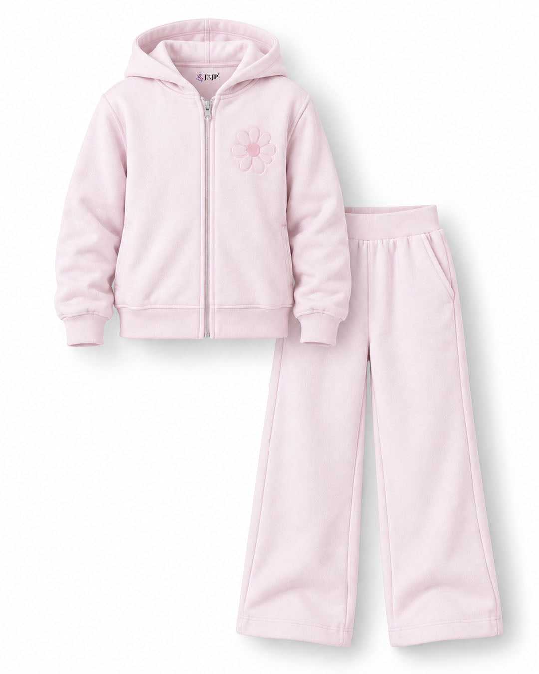 J&JP Girls Pink Printed Zipper Hoodie and Pant Set