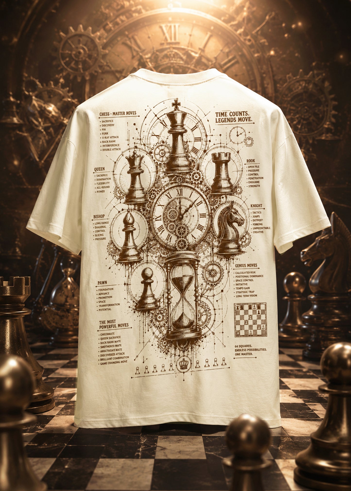 Chess Edition – Time Counts. Legends Move. Brown Print T-Shirt