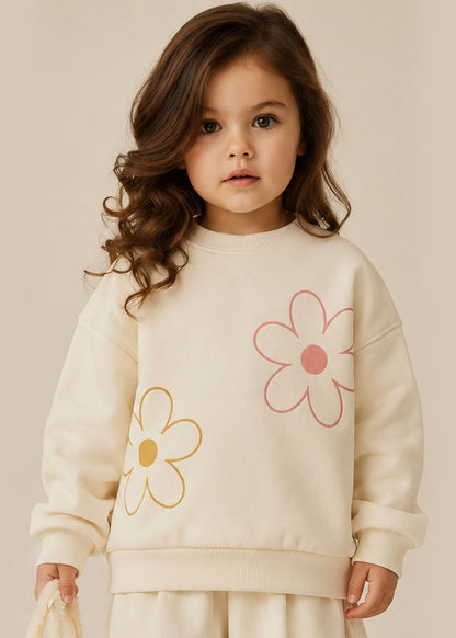 J&JP GIrls Cream Floral Printed Sweatshirt and Pant Set