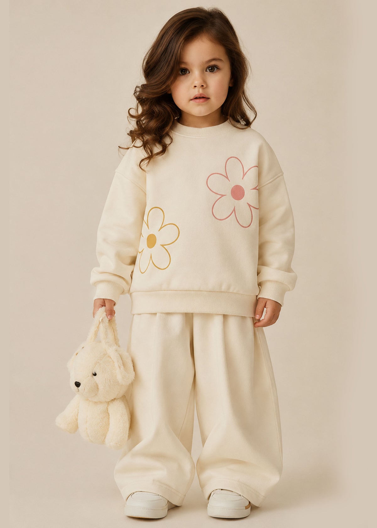 J&JP GIrls Cream Floral Printed Sweatshirt and Pant Set
