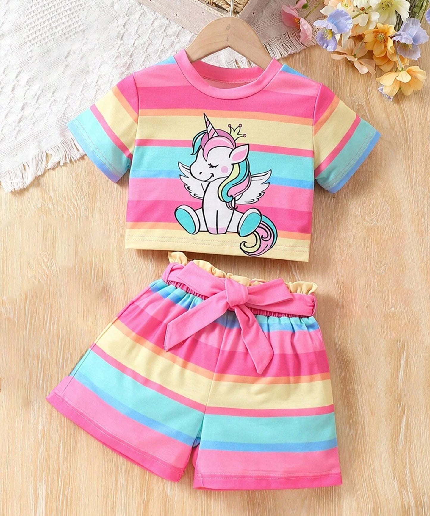 Kids-Girls Multicolor Shorts Set Unicorn Printed