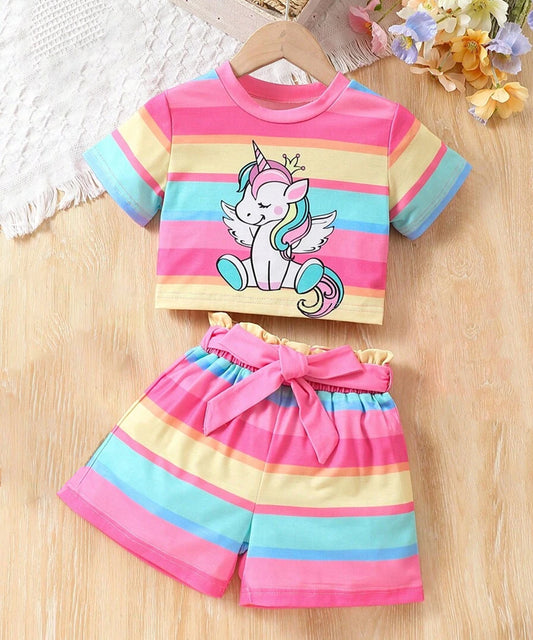 Kids-Girls Multicolor Shorts Set Unicorn Printed
