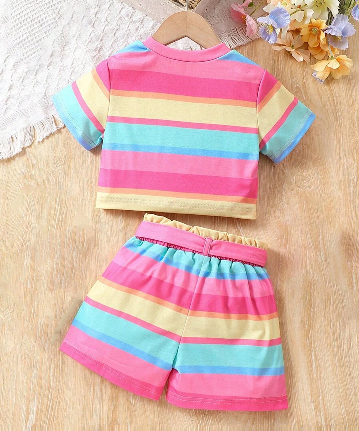 Kids-Girls Multicolor Shorts Set Unicorn Printed