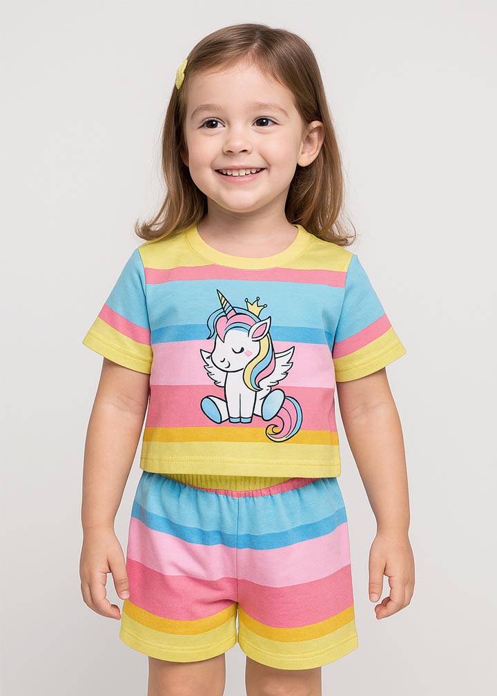 Kids-Girls Multicolor Shorts Set Unicorn Printed