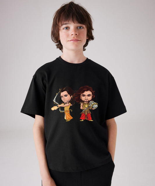 J&JP Mahabharat Cartoon Printed Boys Oversized T-Shirt- Black