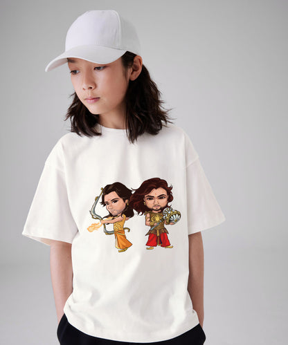 J&JP Mahabharat Cartoon Printed Girls Oversized T-Shirt- White