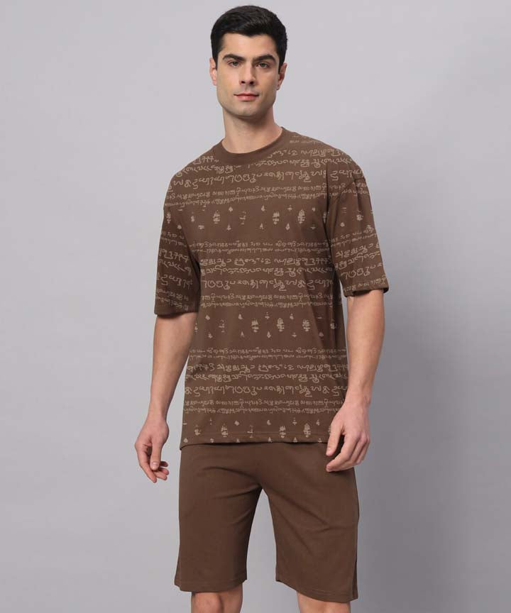 Kalvettu Tamil T-Shirt and shorts Oversized Coord Set- Brown