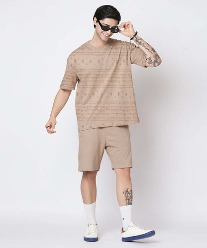 Kalvettu Tamil T-Shirt and shorts Oversized Coord Set-Beige