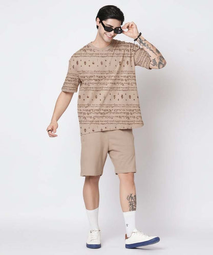 Kalvettu Tamil T-Shirt and shorts Oversized Coord Set-Beige Brown