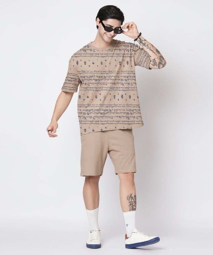 Kalvettu Tamil T-Shirt and shorts Oversized Coord Set-Beige Blue