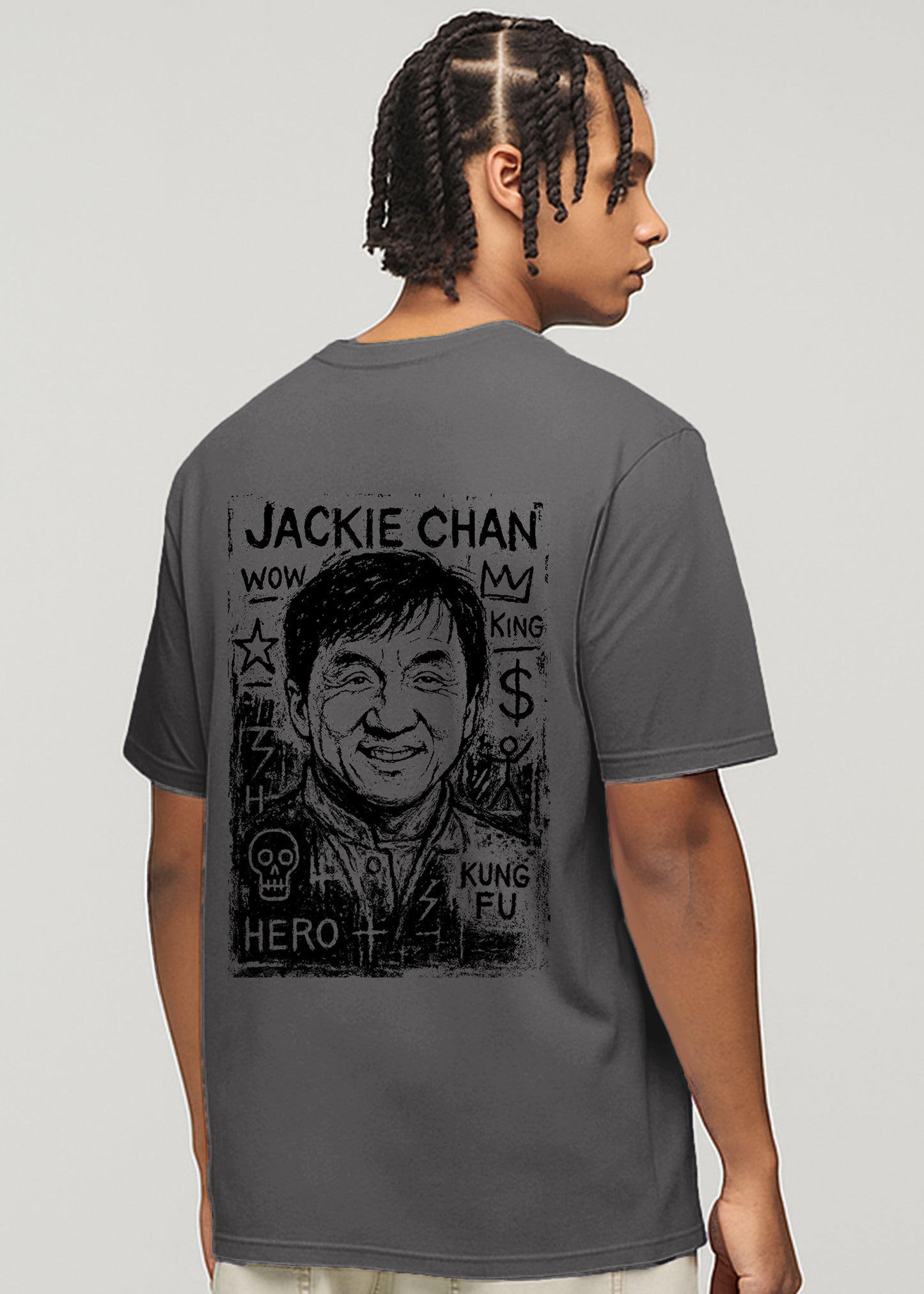 Jackie chan Printed T-Shirt- Grey