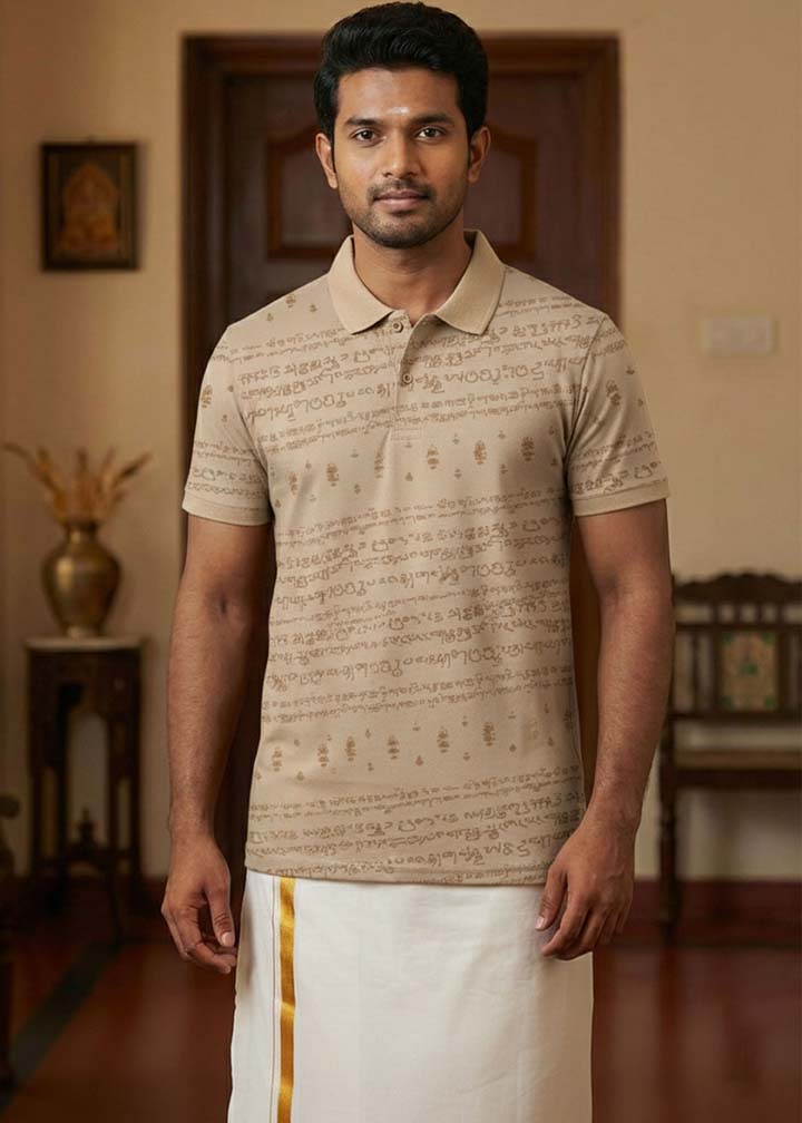 Kalvettu Themed Tamil Polo Tshirt -Beige, J&JP, Buy Now