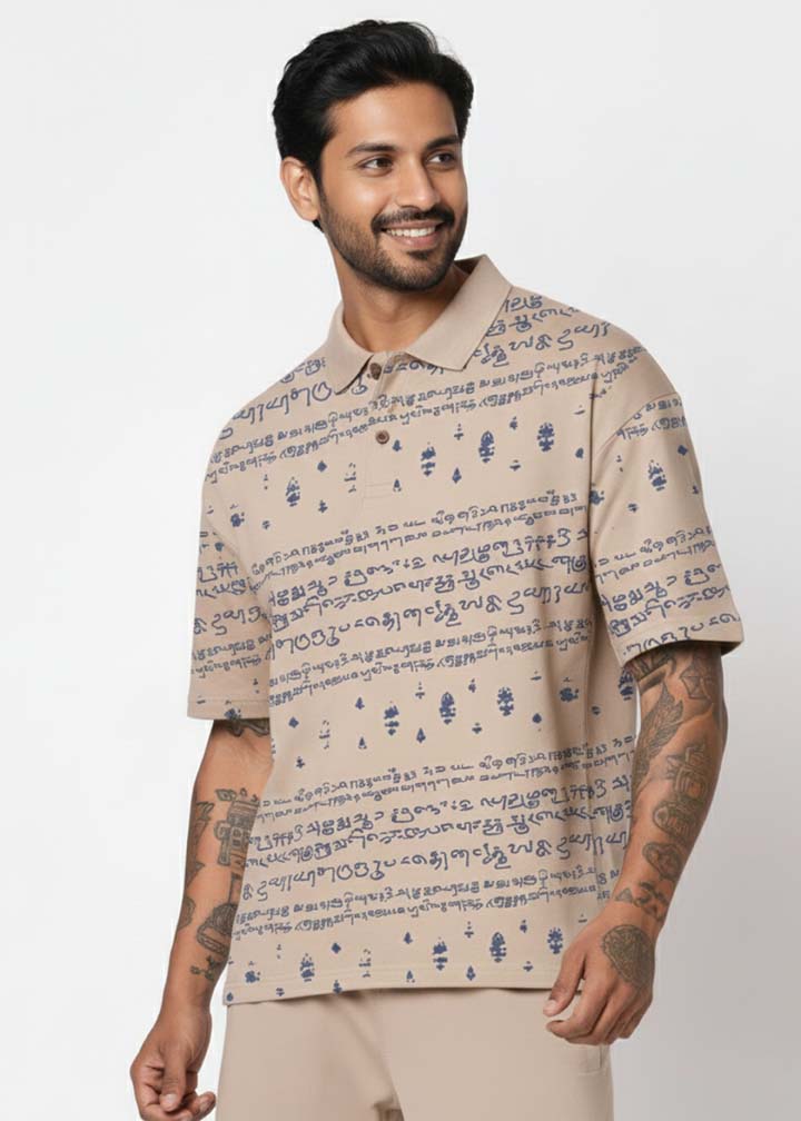 Kalvettu Themed Tamil Polo T-Shirt ? Beige With Blue Print