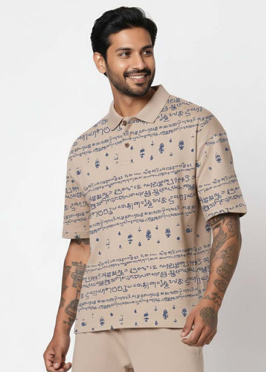Kalvettu Themed Tamil Polo T-Shirt ? Beige With Blue Print