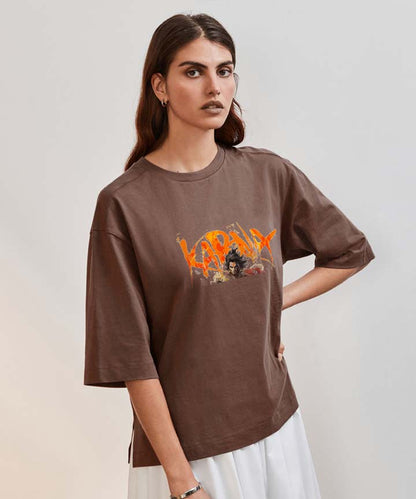 J&JP Women Oversized T-Shirt Karna Printed -Brown