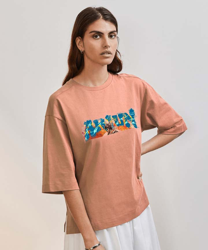 J&JP Women Oversized T-Shirt Arjunan Printed - Peach
