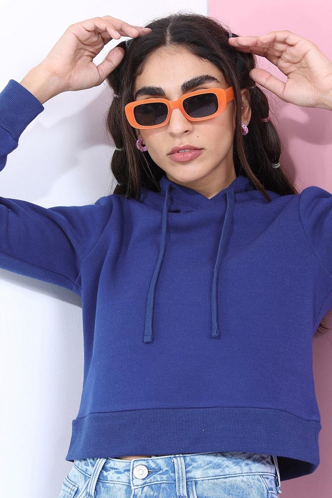 J&JP Women's Full sleeve Cotton Crop Top Hoodie - Navy