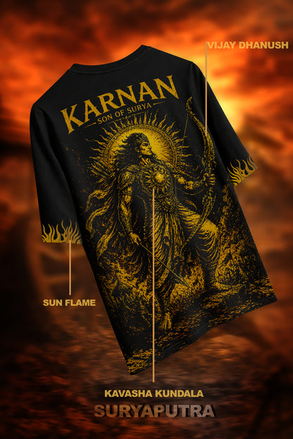 Tamil mythology T-shirt, Karna graphic t-shirt, flame sleeve graphic tee, royal warrior apparel, Indian anime streetwear.