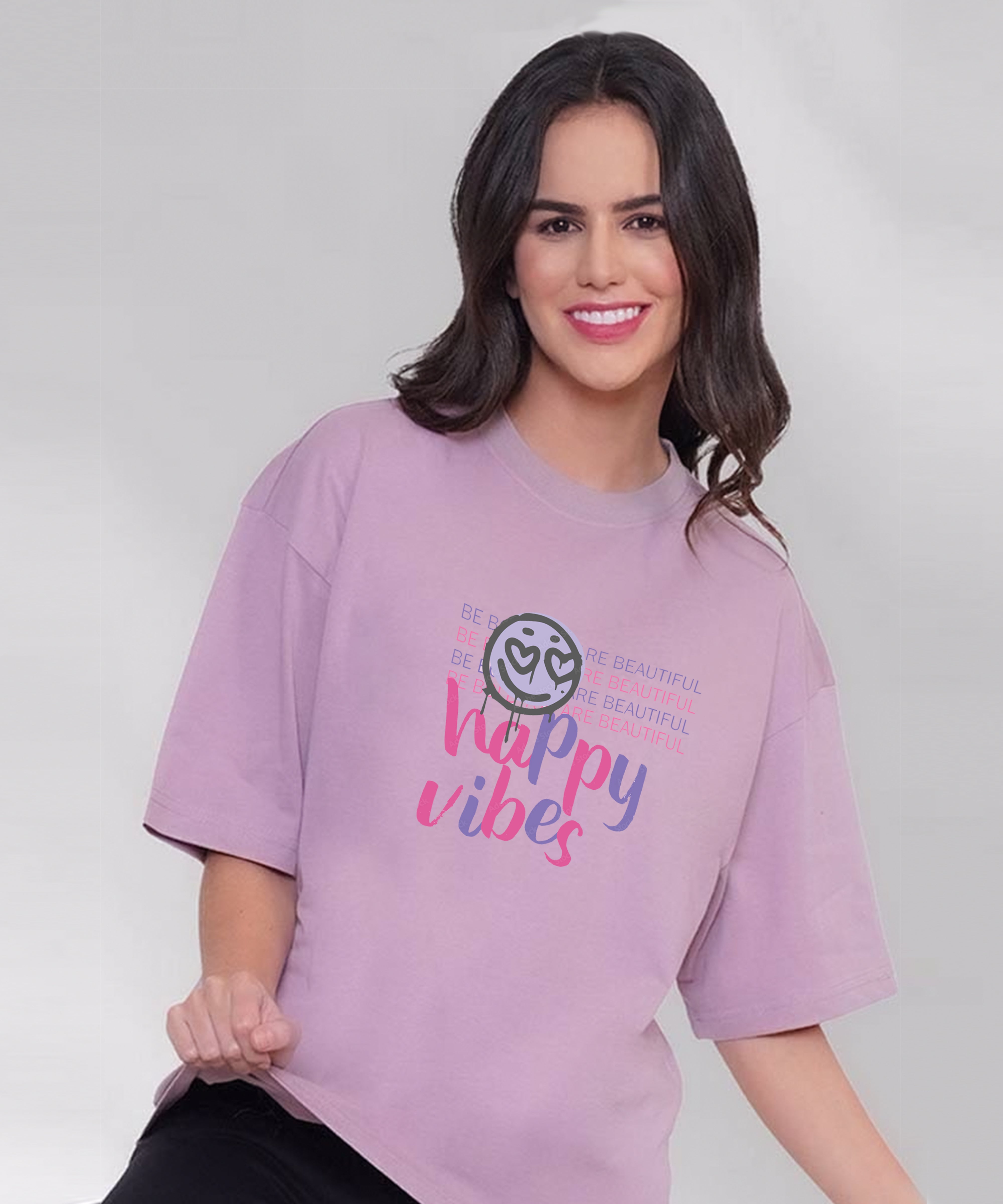 Women Oversized Happy Vibes Printed Tshirt Violet - Comfy Everyday