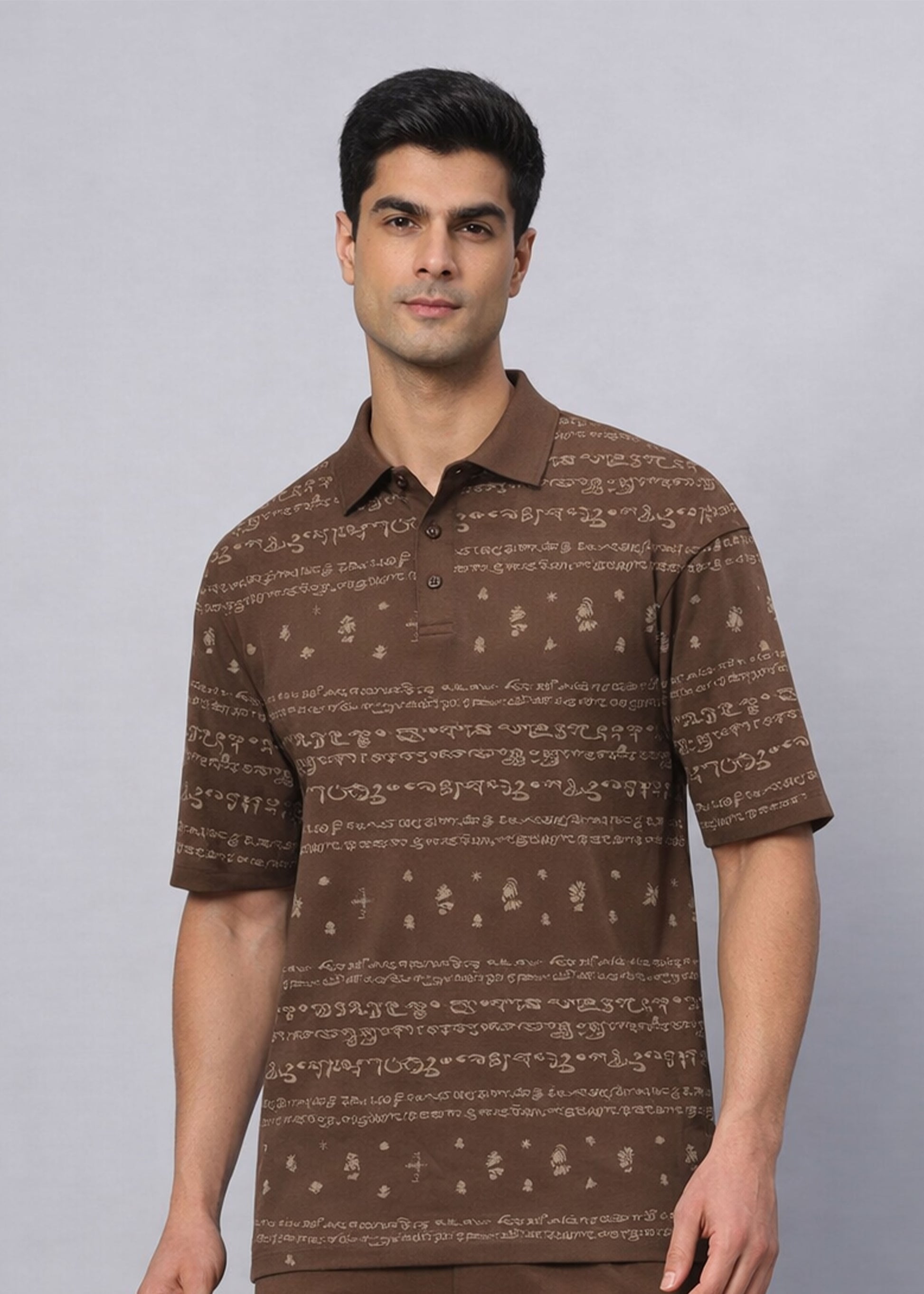 Kalvettu Printed Tamil Polo T-shirt- Brown