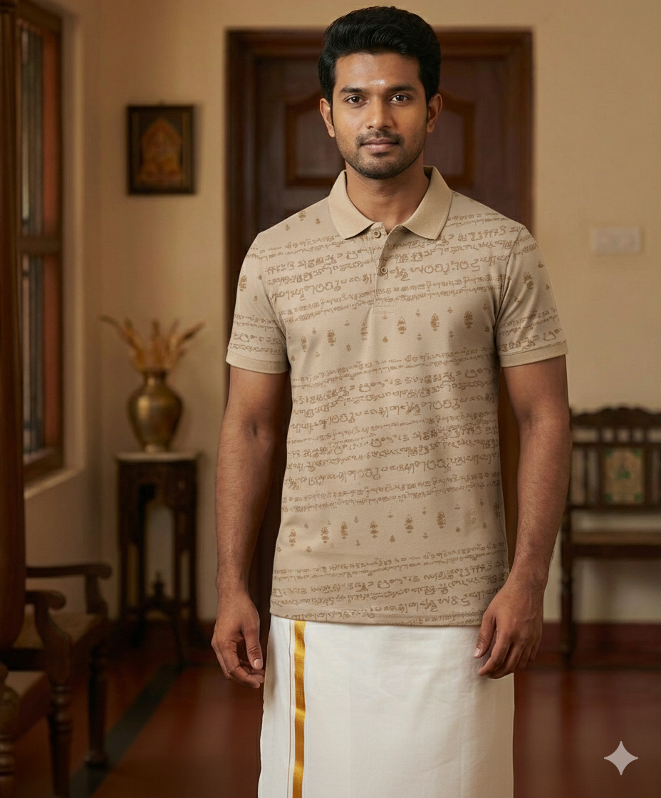 Kalvettu Themed Tamil Polo T-Shirt – Beige With Beige Print