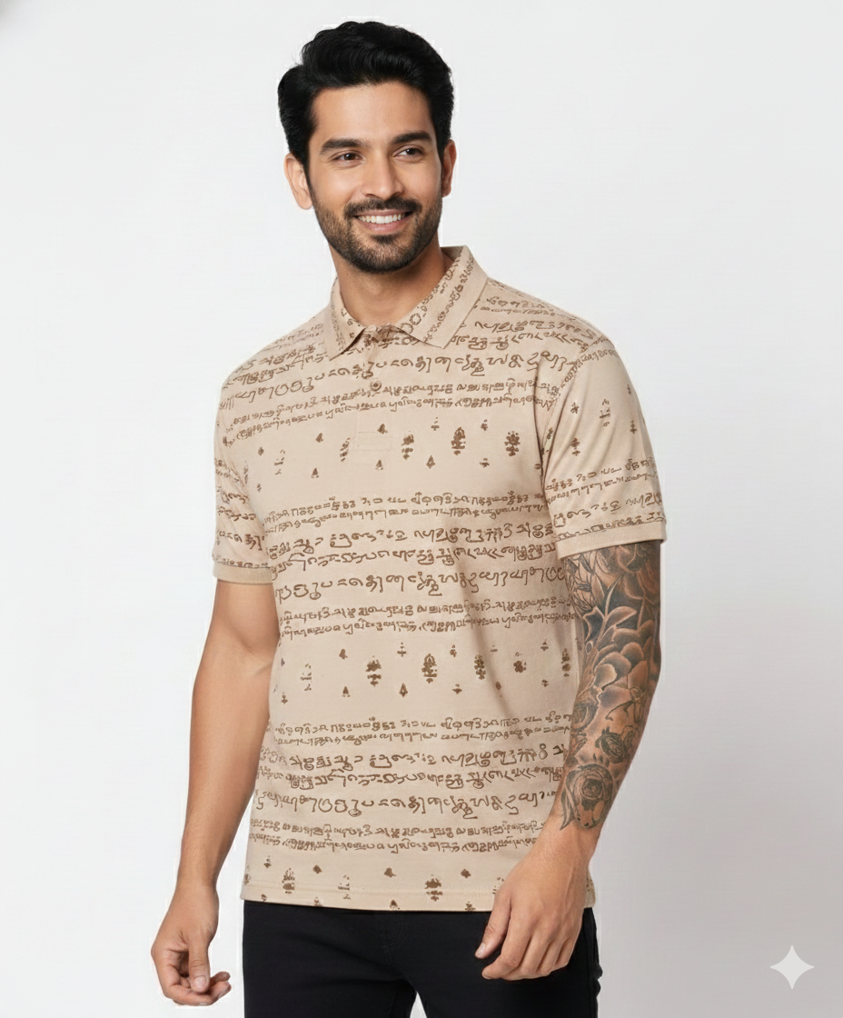 Kalvettu Themed Tamil Polo T-Shirt – Beige With Brown Print
