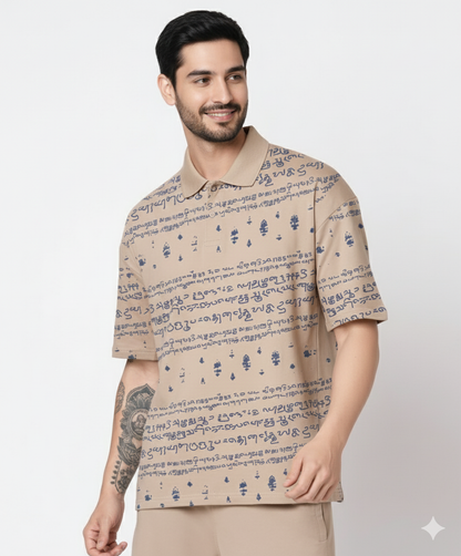 Kalvettu Themed Tamil Polo T-Shirt – Beige With Blue Print