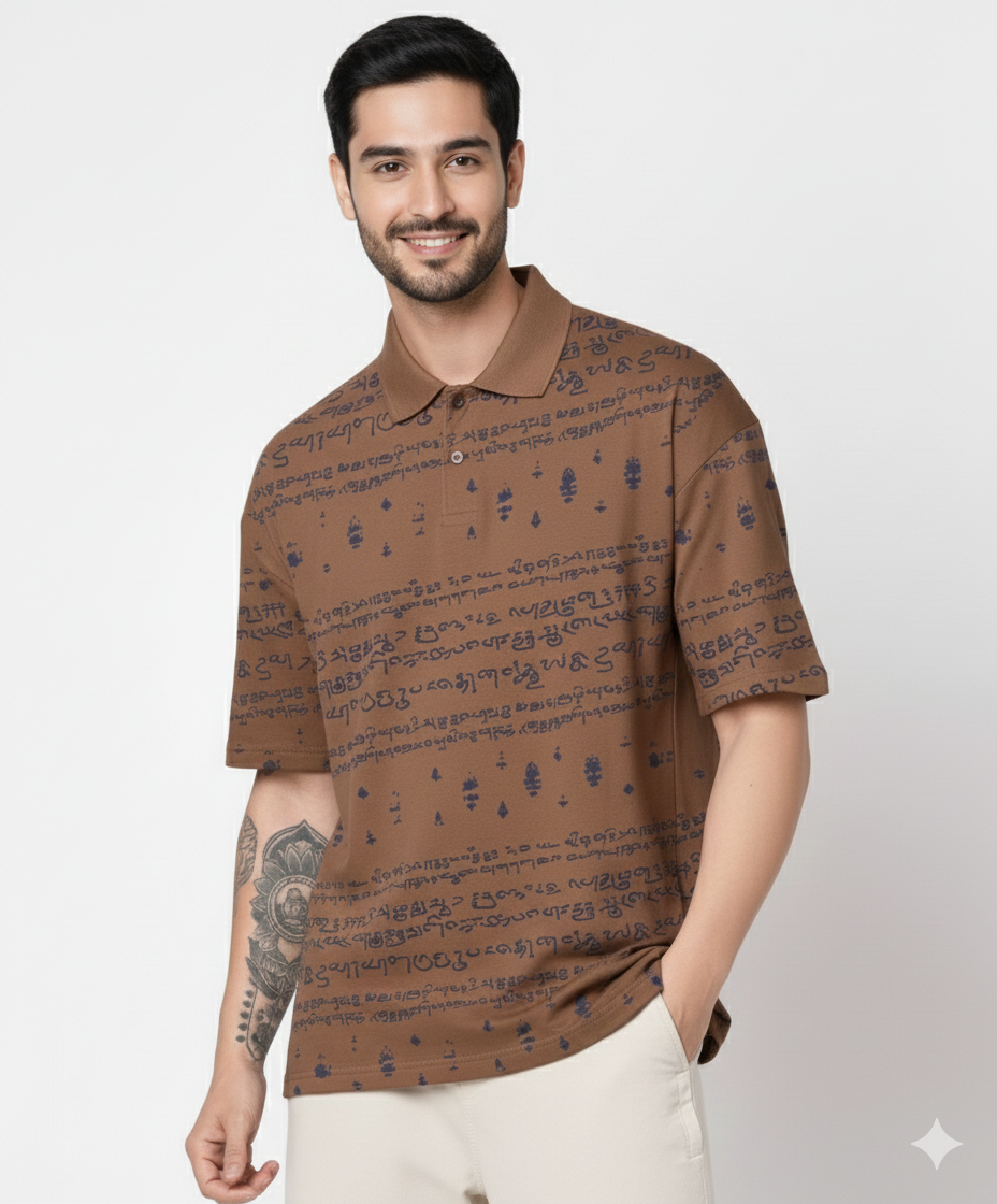 Kalvettu Themed Tamil Polo T-Shirt – Brown with Blue Print