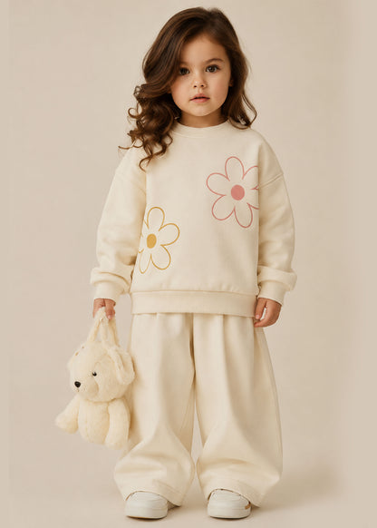 J&JP GIrls Cream Floral Printed Sweatshirt and Pant Set