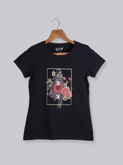 Women Black Half sleeve Floral Print, Solid Cotton  T-Shirt
