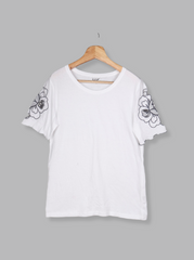 Women White Short Sleeve Embroidered Cotton jersey knit T-Shirt