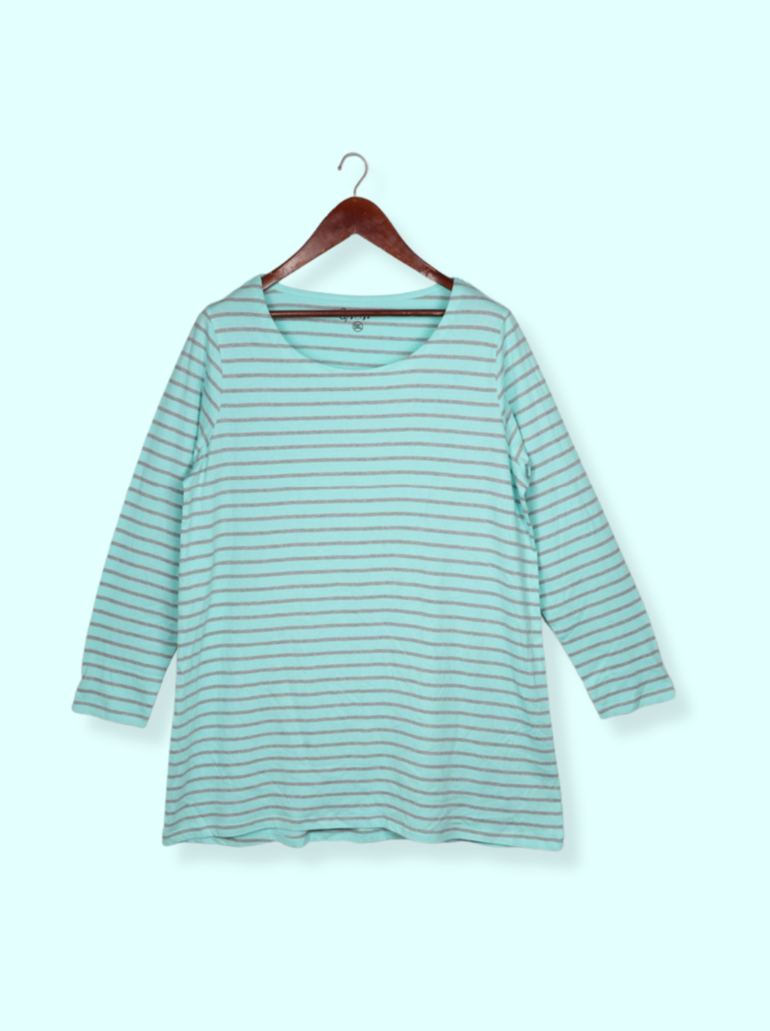 Women Blue Full sleeve Horizontal Stripes Cotton jersey knit, Interlock yarndyed T-Shirt