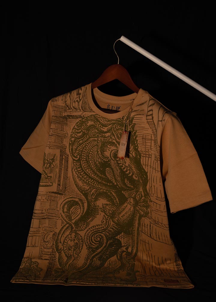 J&JP Men's yazhi 3D Printed Five Sleeve T-shirt- Beige