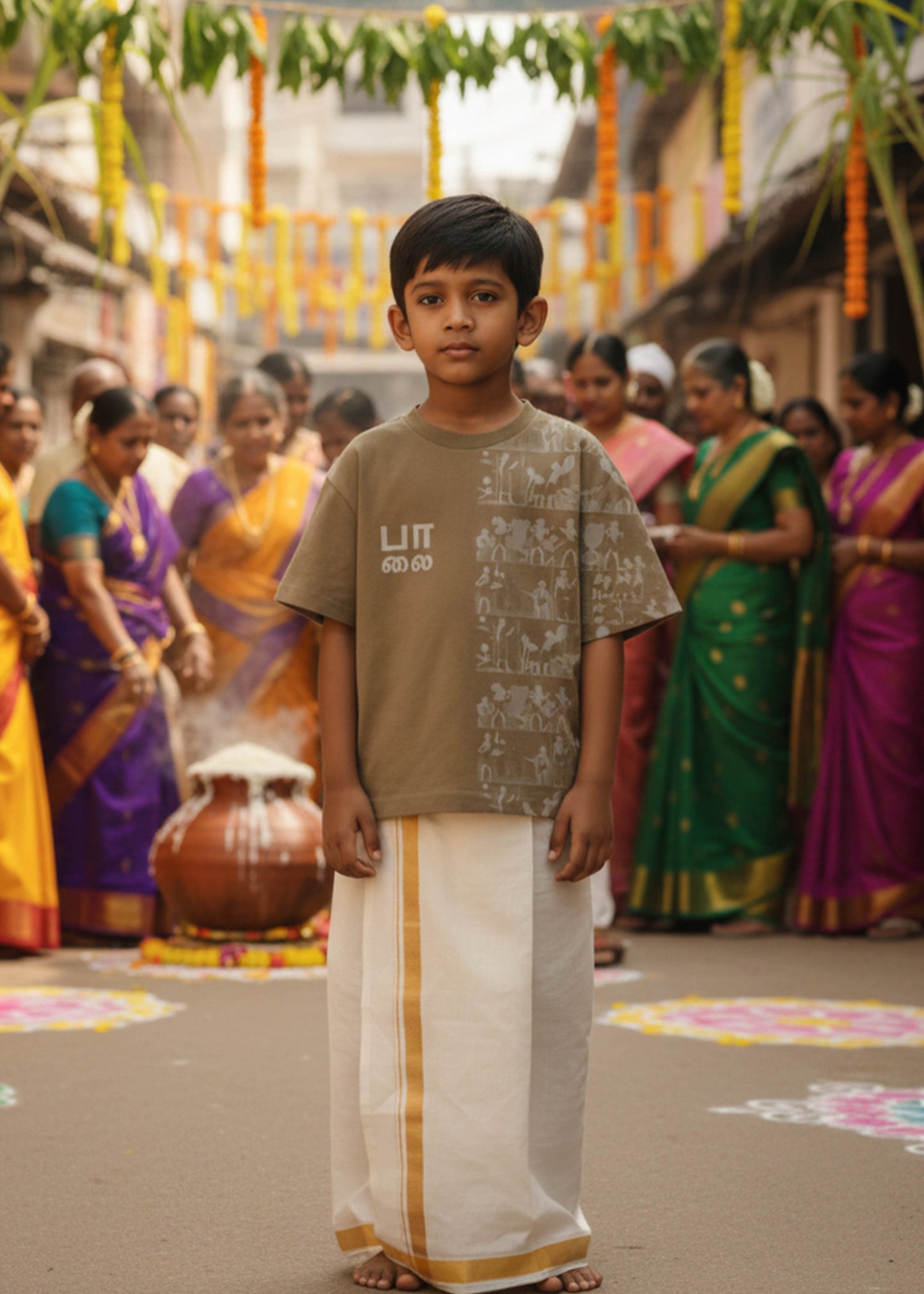 Kid's Palai Printed Oversized Half Sleeve T-shirt- Lite Brown