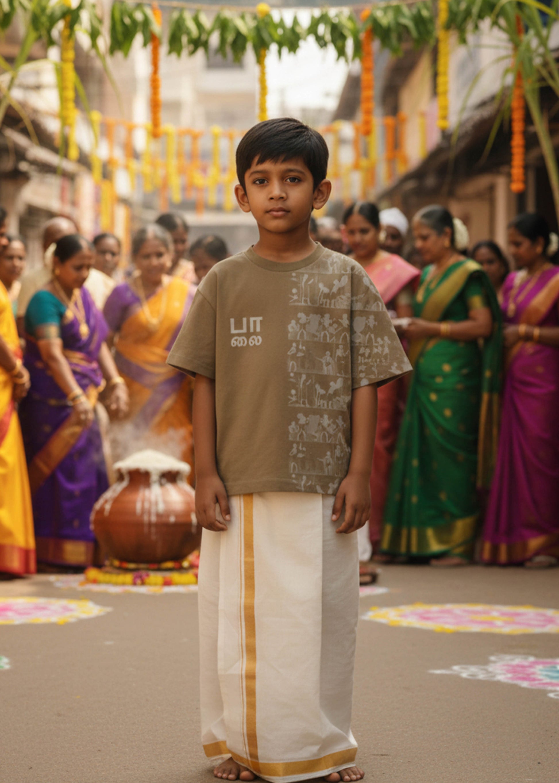 Kid's Palai Printed Oversized Half Sleeve T-shirt- Lite Brown