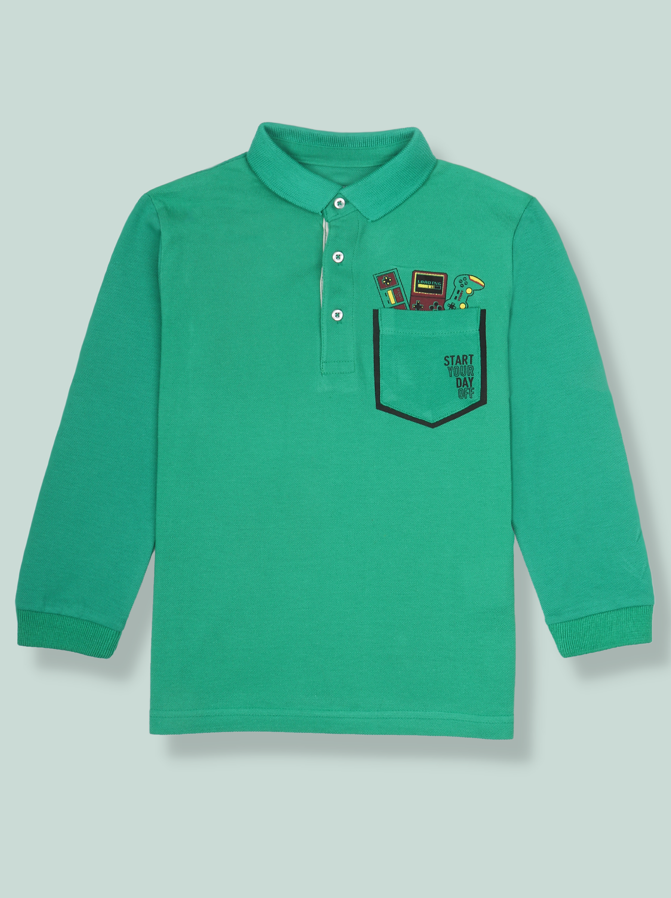 Kids Boys  Green Full Sleeve Polo T-Shirt
