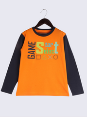 Kids Orange Full sleeve Printed Single Jersey T-Shirt