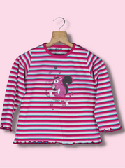 Kids Pink Full sleeve Animal Print, Horizontal Stripes Cotton Lycra T-Shirt