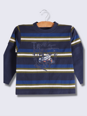 Kids Navy Full sleeve Horizontal Stripes Cotton jersey knit, Single Jersey T-Shirt