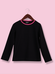 Kids Black Full sleeve Solid Cotton jersey knit, Single Jersey T-Shirt